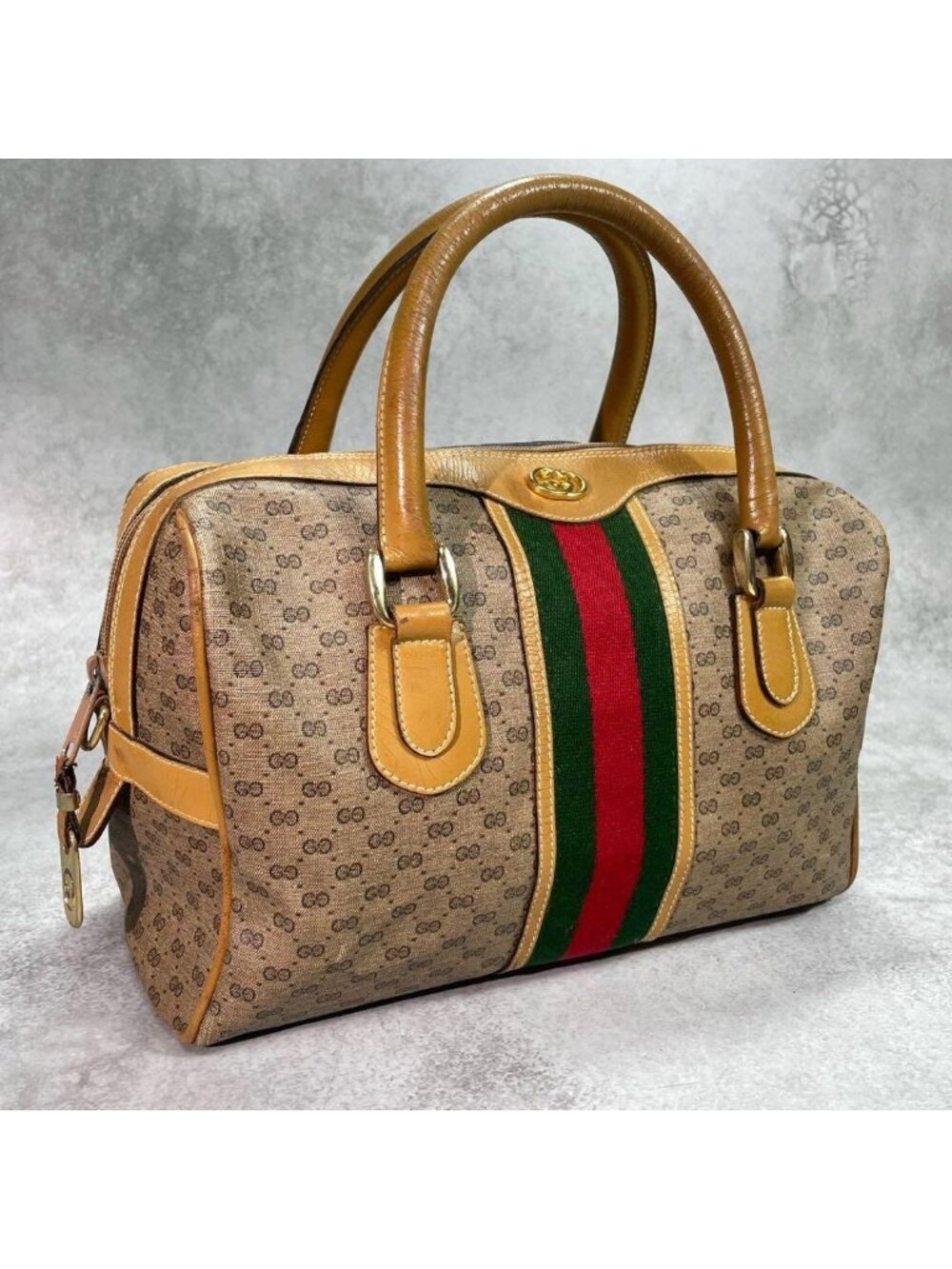 Gucci GG Sherry Line Boston Bag Brown Leather Logo